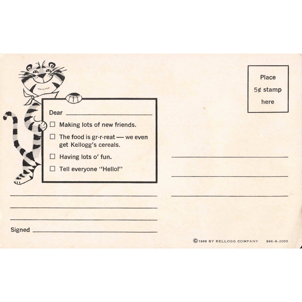 Vtg 1968 Kellogg's Tony the Tiger Postcard Camping Skunk Cereal Ad - Picture 2 of 2